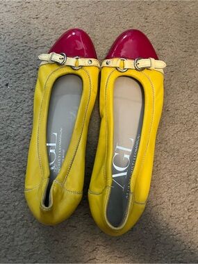 AGL Yellow Leather Ballet Flats with Fuchsia Patent Cap Toe